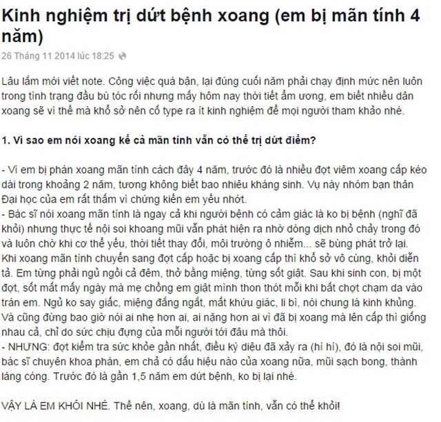 Kinh nghiệm trị dứt bệnh xoang mãn tính 4 năm của chị S. đang nhận được nhiều sự chú ý.