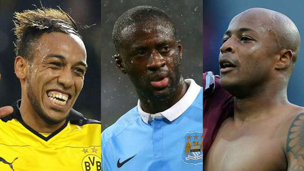 Từ trái qua: Aubameyang, Yaya Toure và Andre Ayew - ba cầu thủ lọt vào danh sách rút gọn Cầu thủ xuất sắc nhất châu Phi 2015. Ảnh: Goal.com