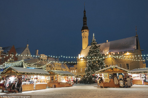 Thủ đô Tallinn, Estonia lung linh trong ánh đèn và màu tuyết trắng trong đêm.