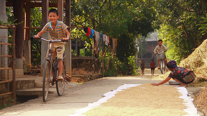 Trên khắp các con đường trong xóm, thóc lúa được phơi tràn ra đường. Niềm vui của người dân là thời tiết thuận lời và được mùa - Ảnh: Lê Hồng Thái