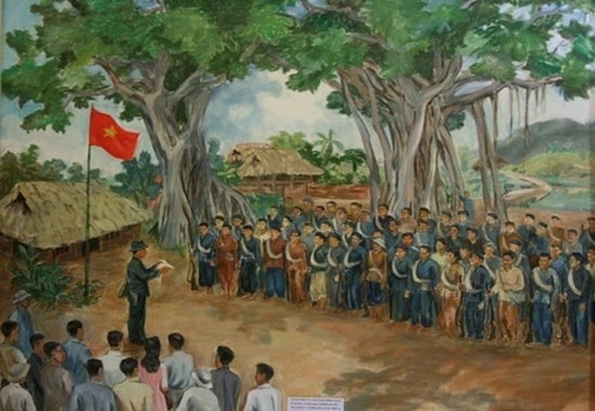 Bức họa lễ xuất quân của 34 chiến sỹ Giải phóng quân tại cây đa Tân Trào 8-1945