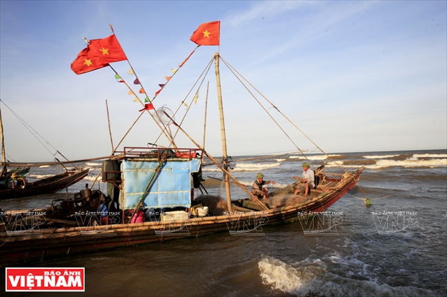 Nét văn hóa đặc trưng cư dân miền biển Sầm Sơn là ghề khai thác hải sản bằng bè mảng. Kỹ thuật đóng bè tre Sầm Sơn có từ lâu đời khi sử dụng vật liệu là những cây tre, luồng, bương già và sử dụng những sợi dây mây cột lại với nhau. Ảnh: Trọng Chính