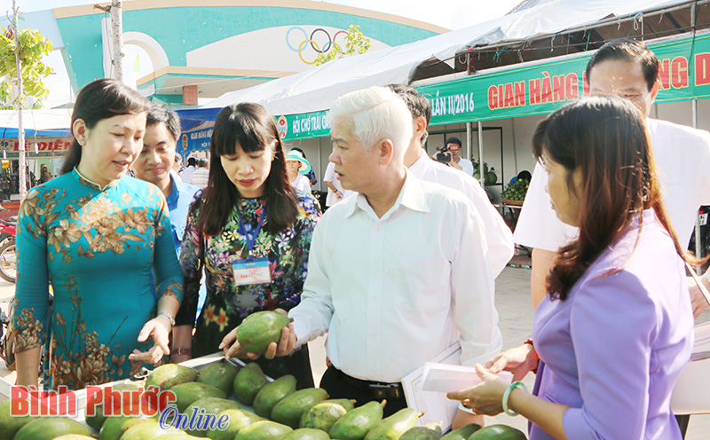 Việc tổ chức hội chợ cũng là cách hỗ trợ doanh nghiệp. Trong ảnh, đồng chí Nguyễn Văn Lợi, Ủy viên Trung ương Đảng, Bí thư Tỉnh ủy cùng lãnh đạo tỉnh dự hội chợ nông sản tỉnh Bình Phước năm 2016 - Ảnh: Ngân Hà