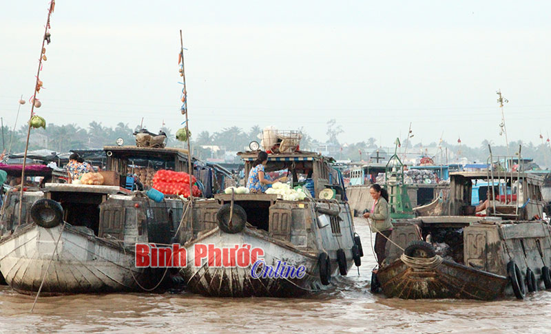 Thuyền từ các tỉnh miền Tây đến buôn bán trên chợ nổi Cái Răng. Thuyền bán hàng gì thì tiểu thương cắm cây sào treo sản phẩm lên để báo hiệu cho người mua được biết.