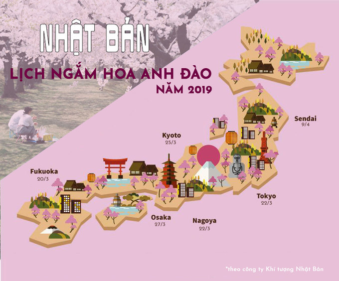 Lịch ngắm hoa anh đào trên khắp Nhật Bản năm 2019